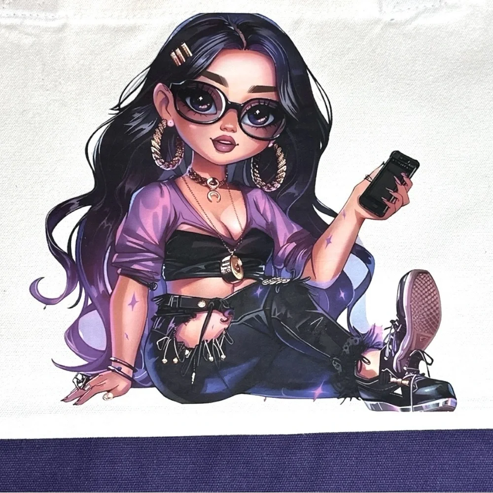 Large Canvas Tote Bag with Stylish Girl Art | Hand Pressed | 17”x14”